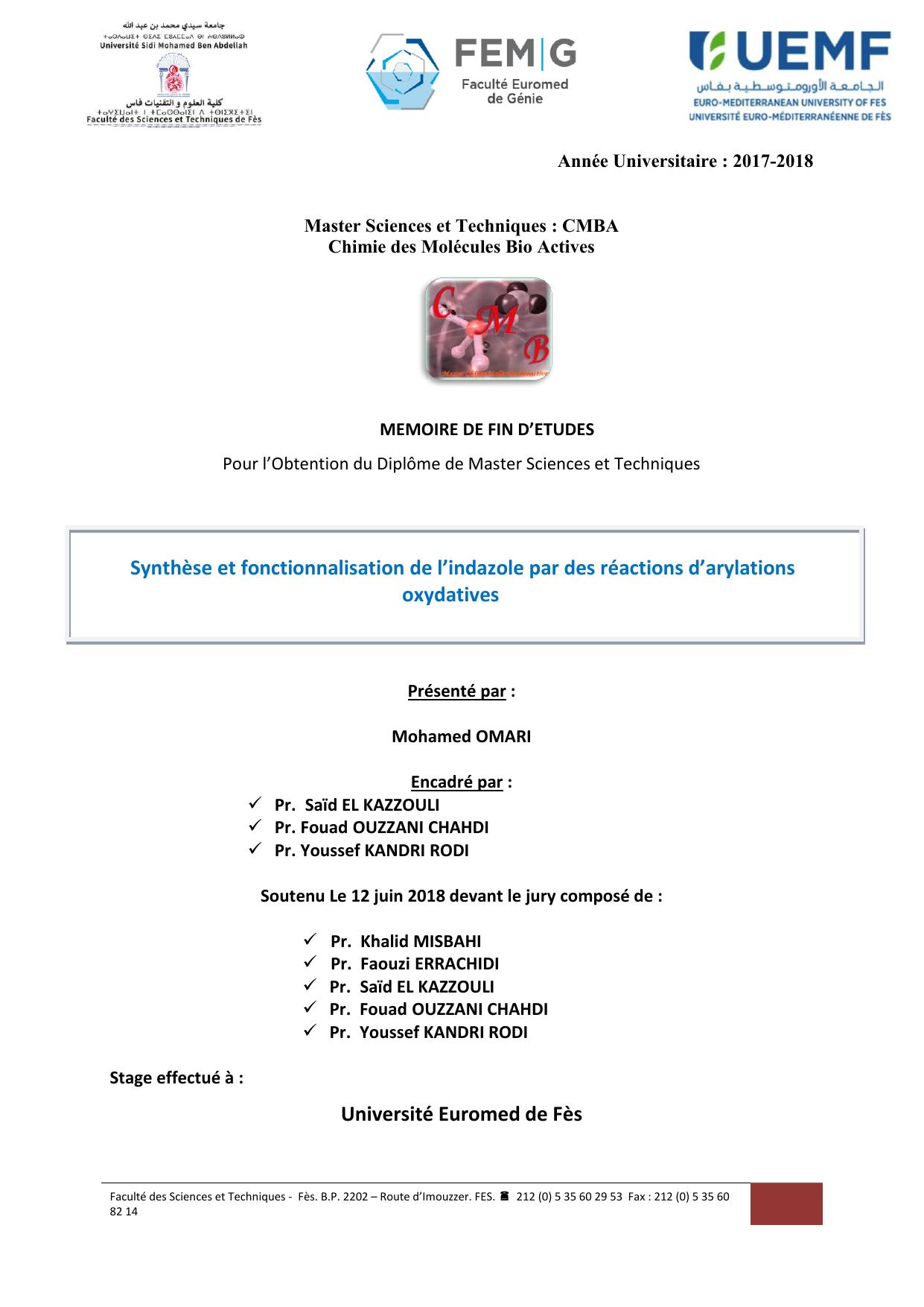 Synthèse et fonctionnalisation de l’indazole par des réactions d’arylations oxydatives