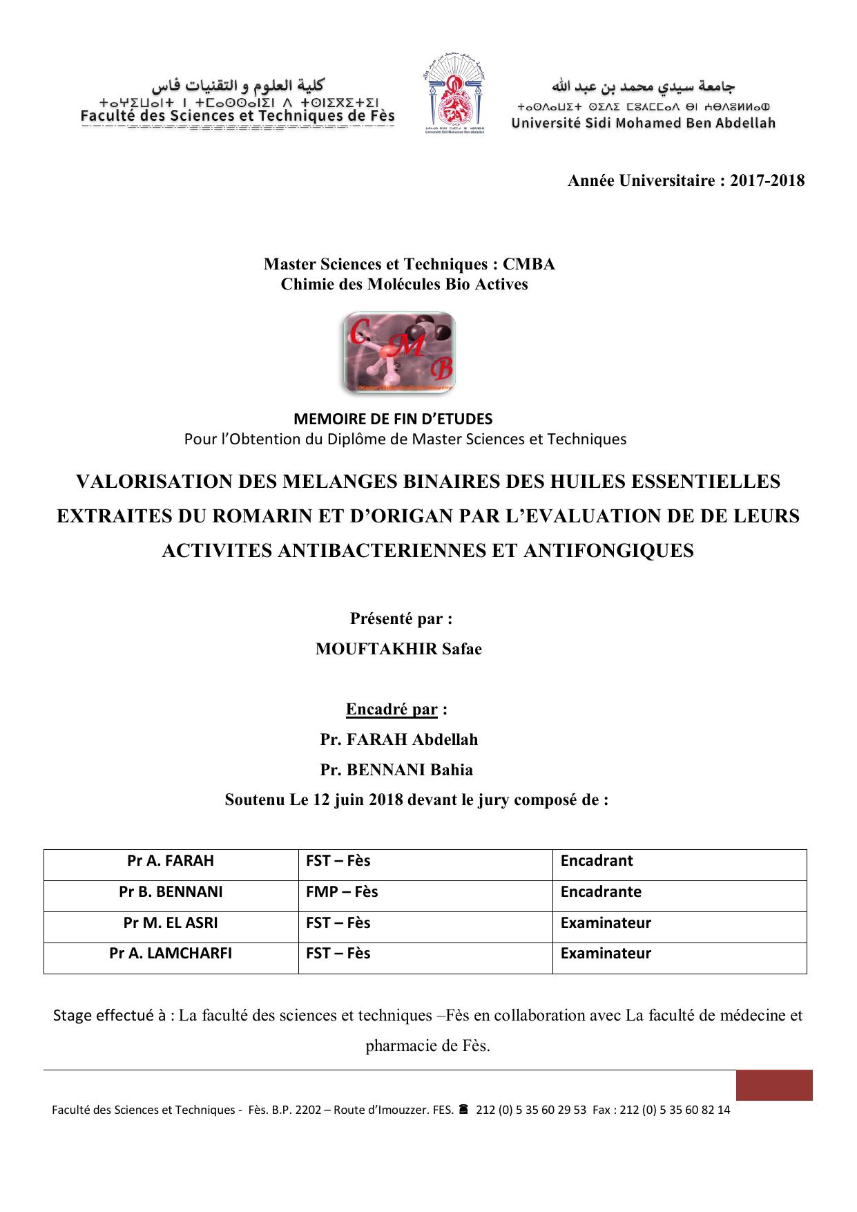 Valorisation des mélanges binaires des huiles essentielles extraites du Romarin et d'origan par l'évaluation de leurs activités antibactériennes antifoliques