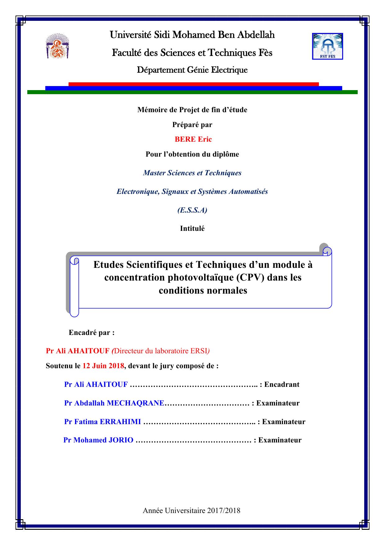 Etudes Scientifiques et Techniques d’un module à concentration photovoltaïque (CPV) dans les conditions normales