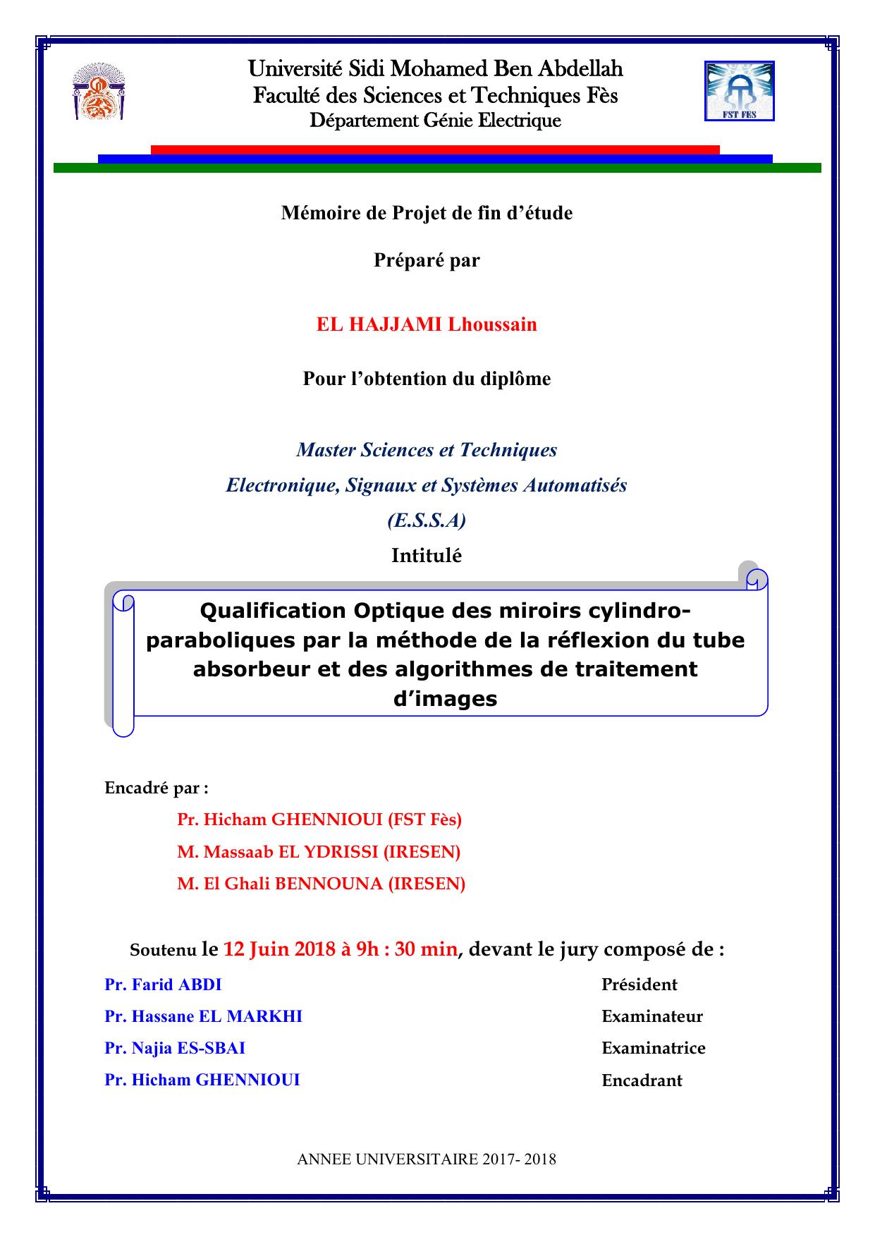 Qualification Optique des miroirs cylindroparaboliques par la méthode de la réflexion du tube absorbeur et des algorithmes de traitement d’images