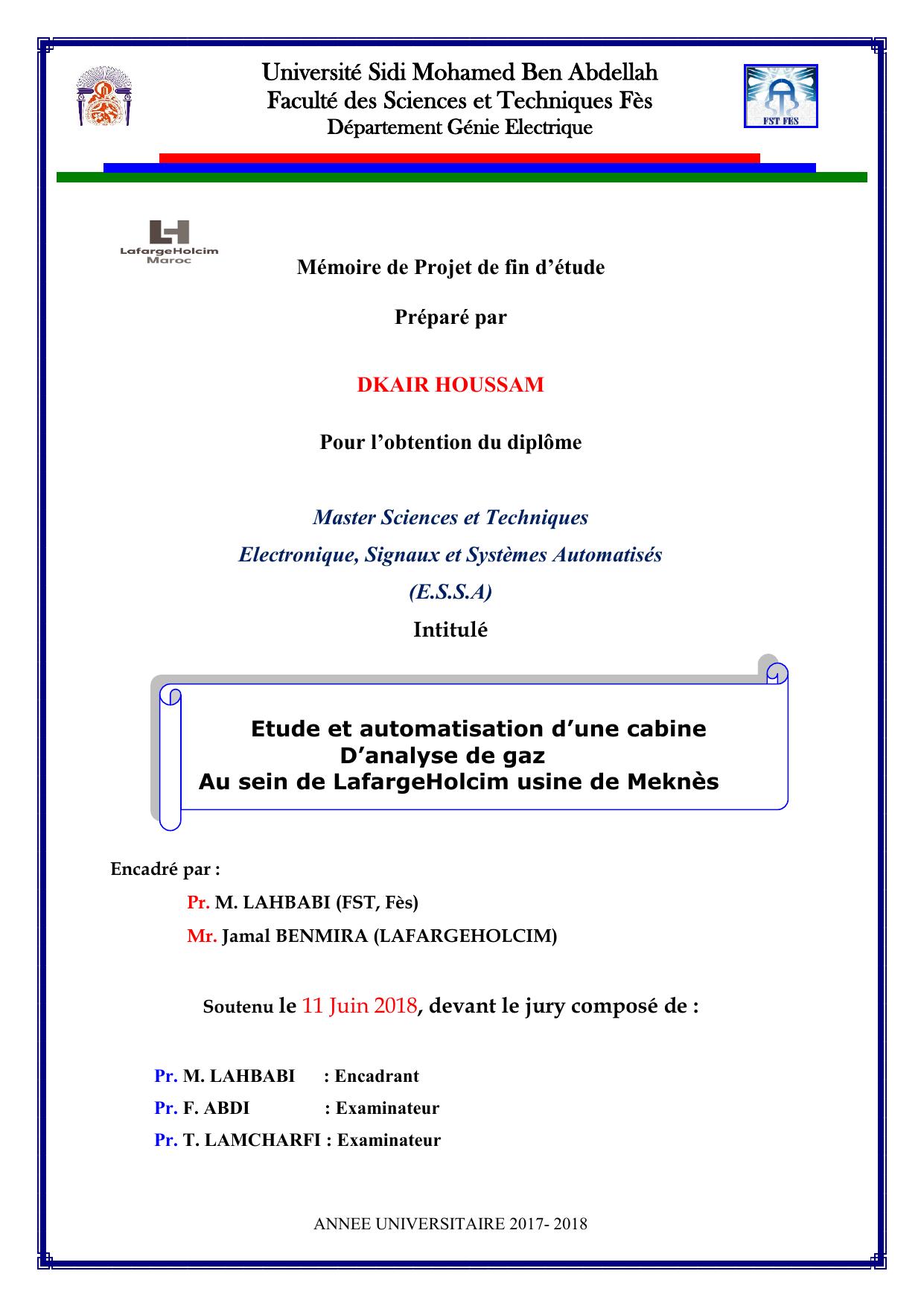 Etude et automatisation d’une cabine D’analyse de gaz Au sein de LafargeHolcim usine de Meknès