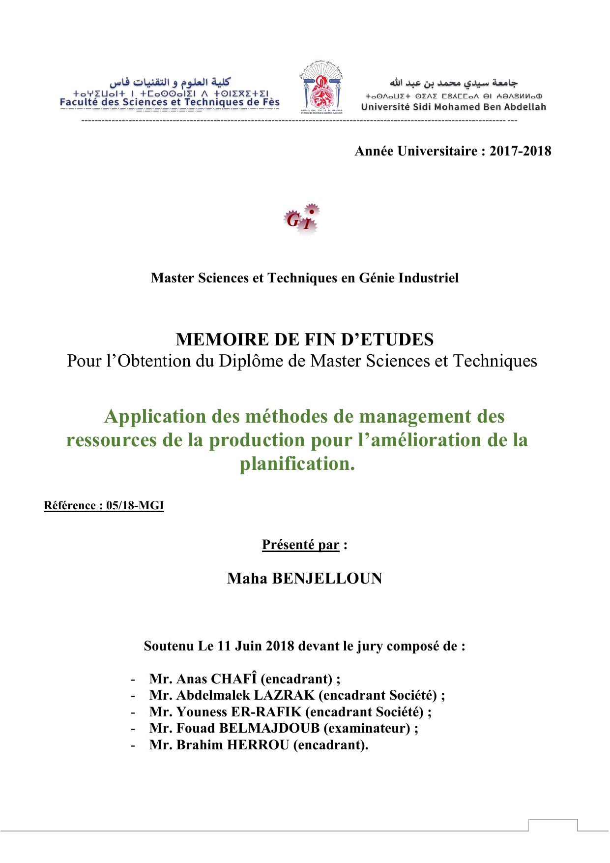 Application des méthodes de management des ressources de la production pour l’amélioration de la planification