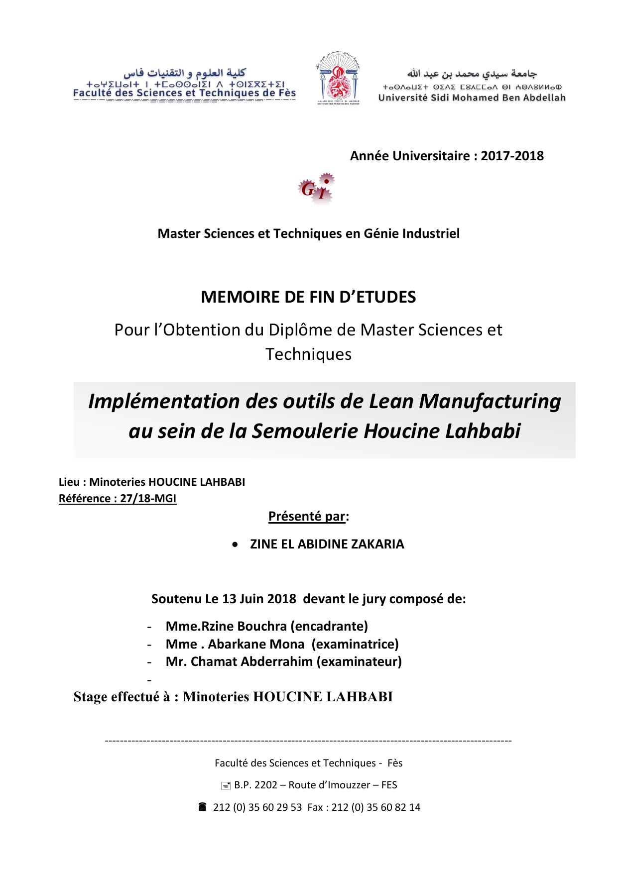 Implémentation des outils de Lean Manufacturing au sein de la Semoulerie Houcine Lahbabi