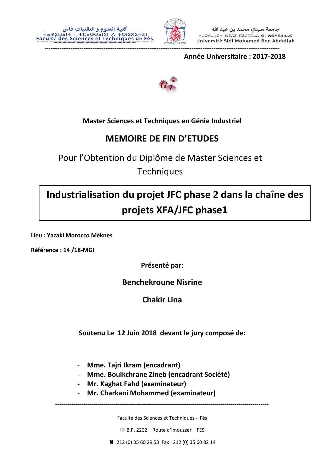 Industrialisation du projet JFC phase 2 dans la chaîne des projets XFA/JFC phase1