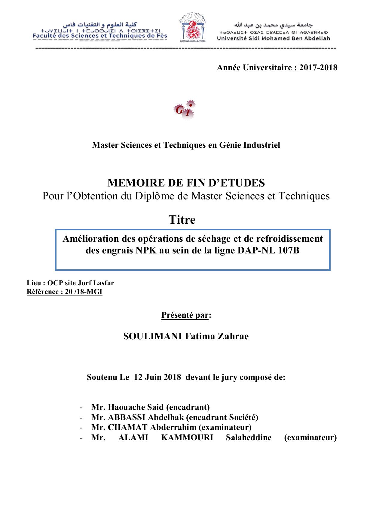 Amélioration des opérations de séchage et de refroidissement des engrais NPK au sein de la ligne DAP-NL 107B