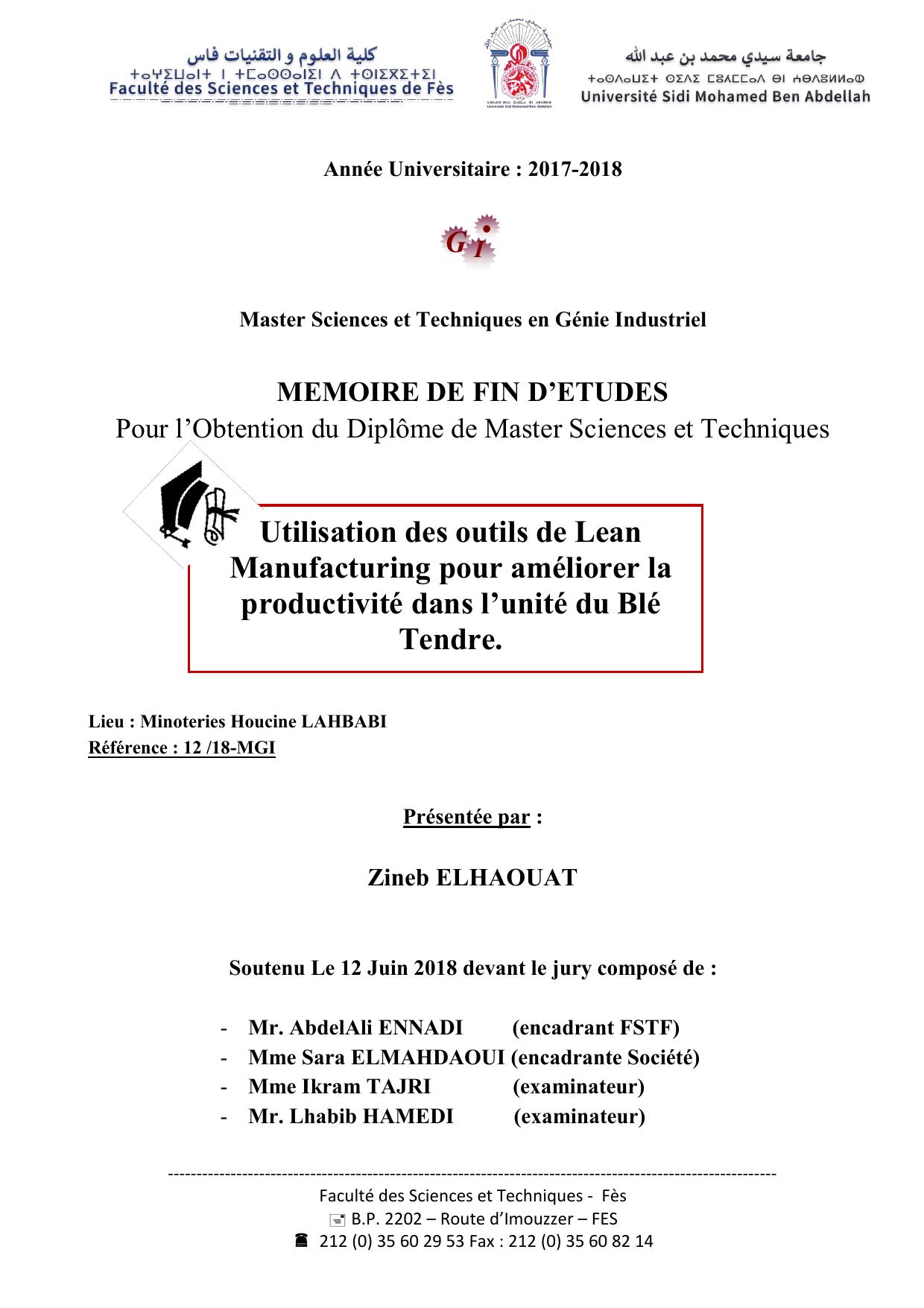 Utilisation des outils de Lean Manufacturing pour améliorer la productivité dans l’unité du Blé Tendre