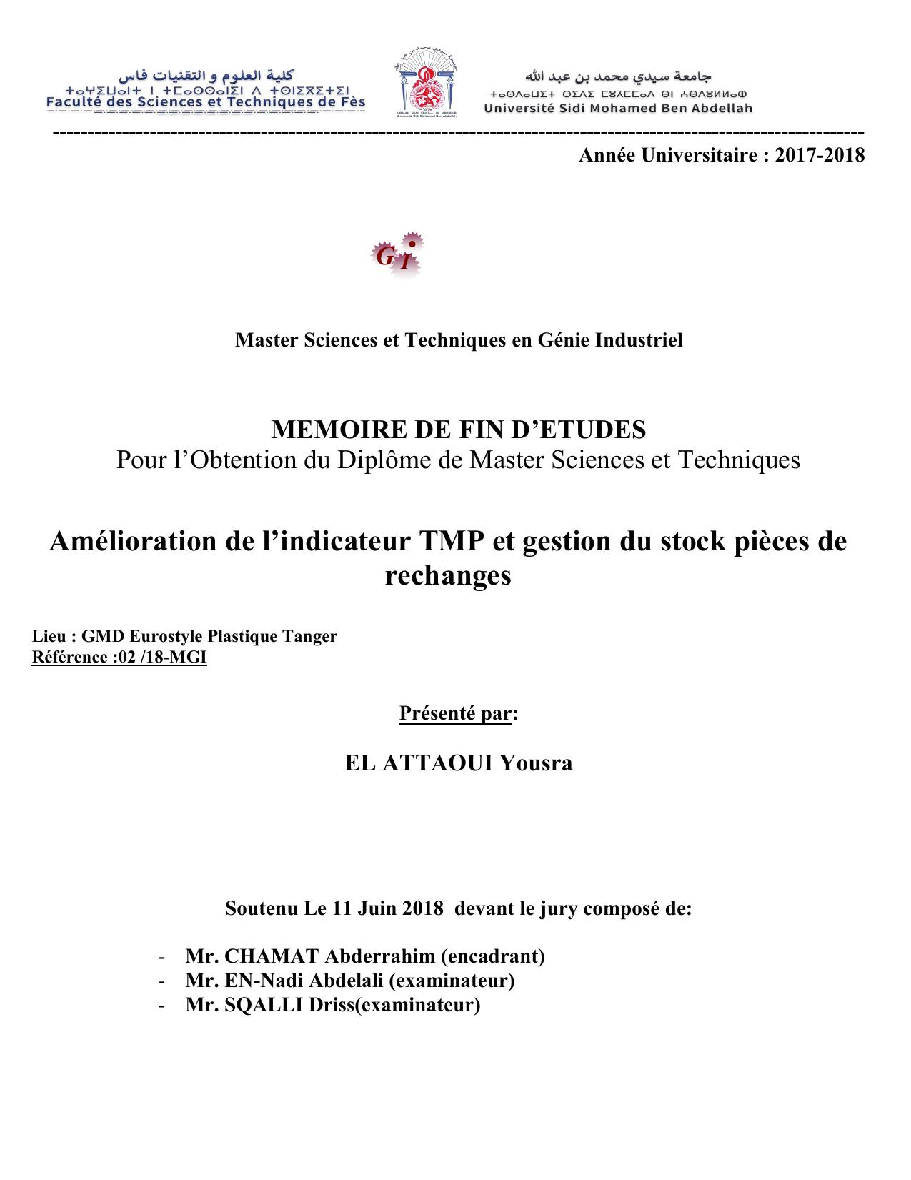 Amélioration de l’indicateur TMP et gestion du stock pièces de rechanges