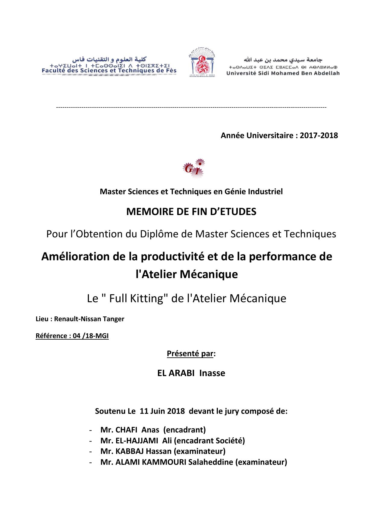 Amélioration de la productivité et de la performance de l'Atelier Mécanique