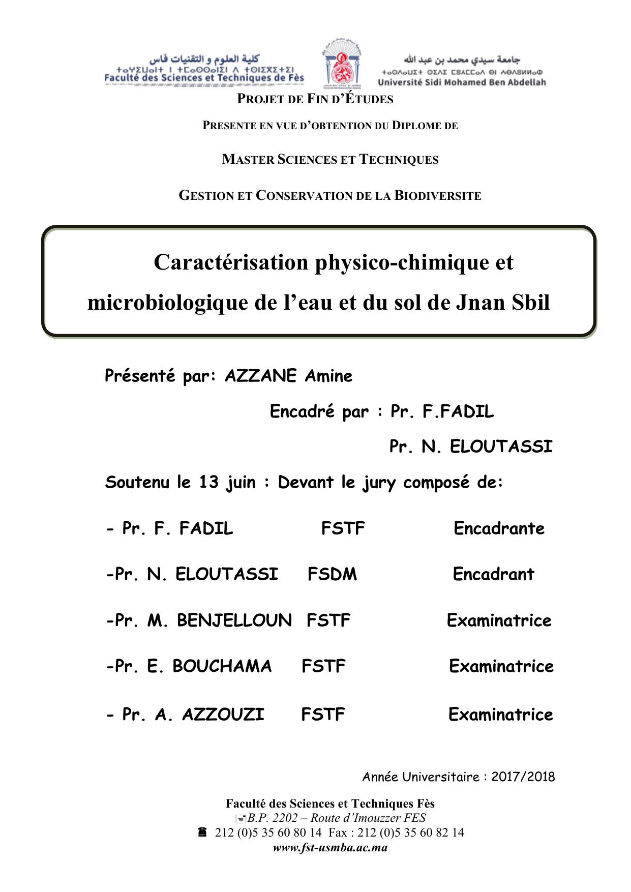 Caractérisation physico-chimique et microbiologique de l’eau et du sol de Jnan Sbil