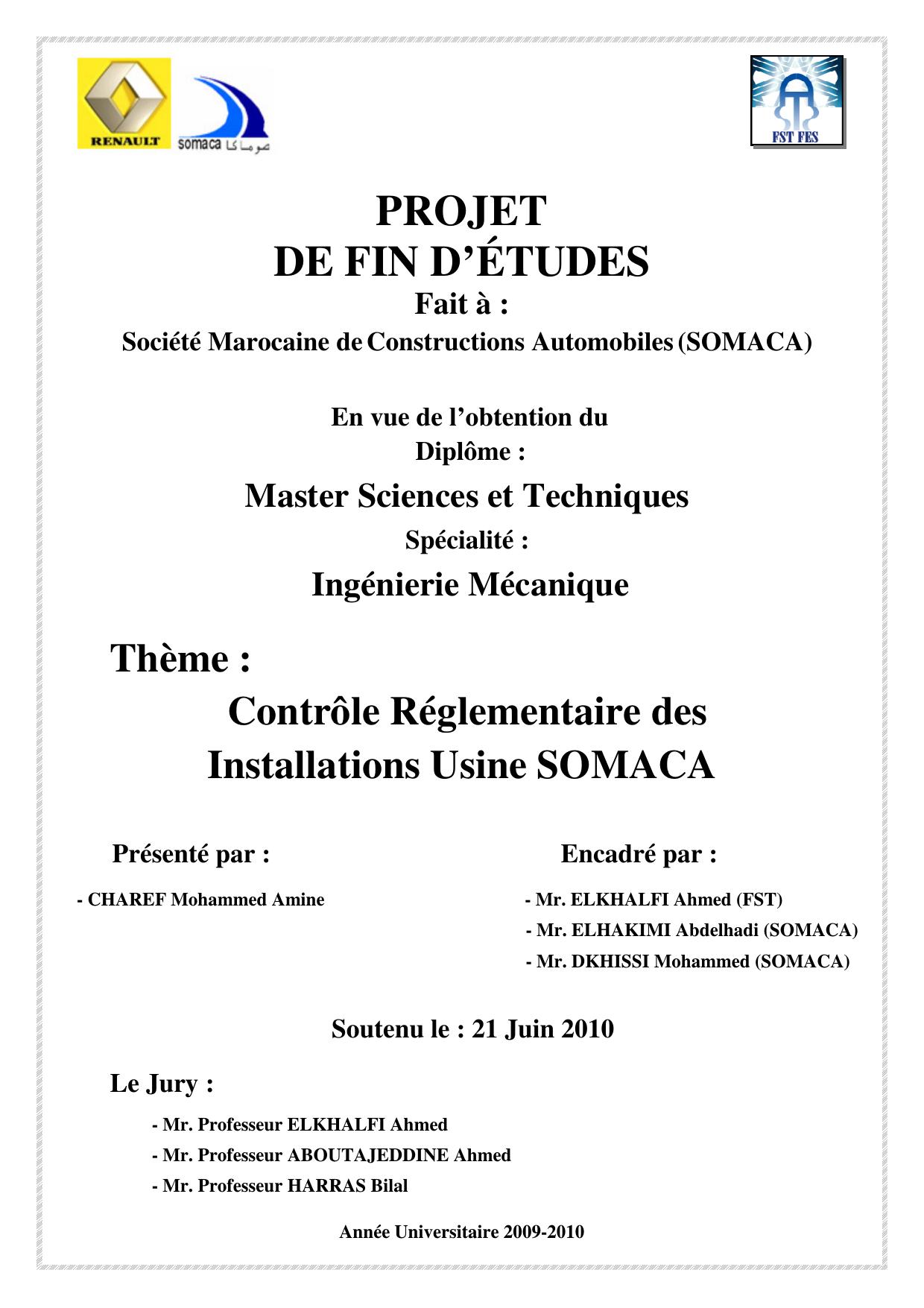 Contrôle Réglementaire des Installations Usine SOMACA