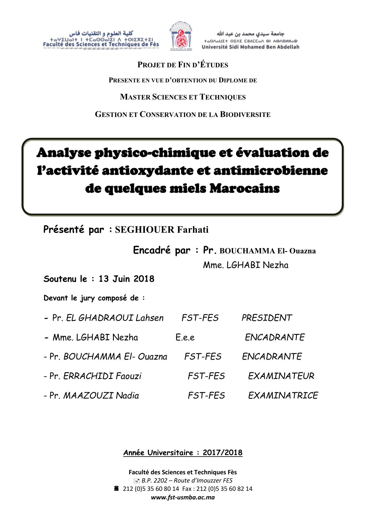 Analyse physico-chimique et évaluation de l’activité antioxydante et antimicrobienne de quelques miels Marocains