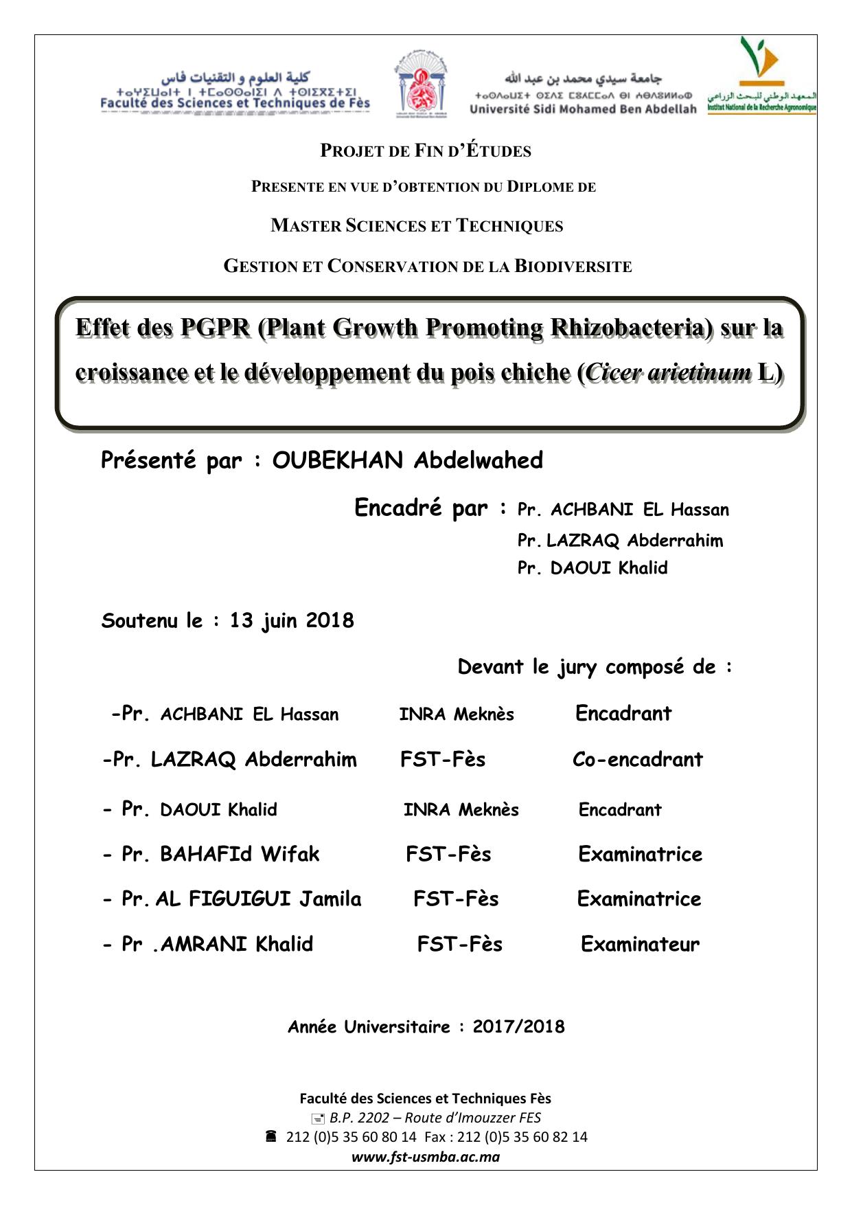 Effet des PGPR (Plant Growth Promoting Rhizobacteria) sur la croissance et le développement du pois chiche (Cicer arietinum L)