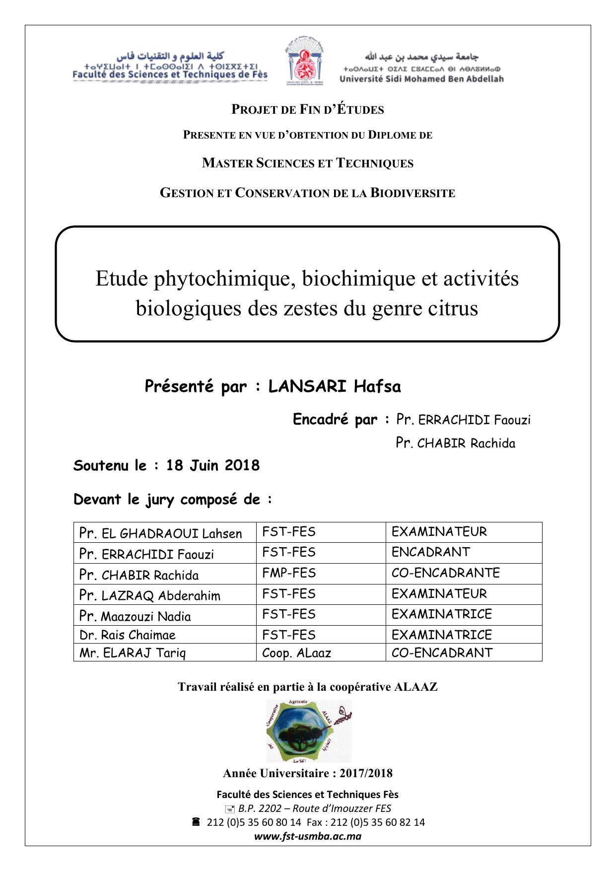 Etude phytochimique, biochimique et activités biologiques des zestes du genre citrus