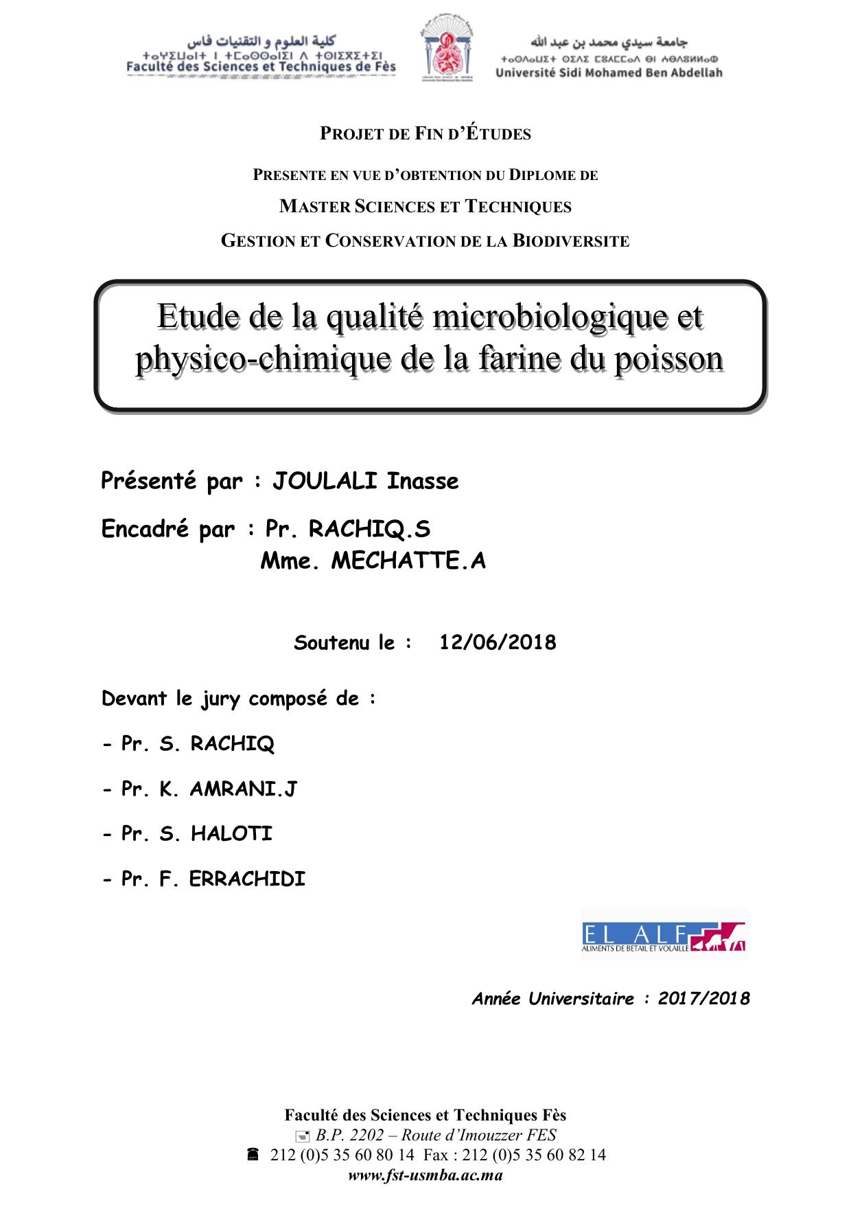 Etude de la qualité microbiologique et physico-chimique de la farine du poisson