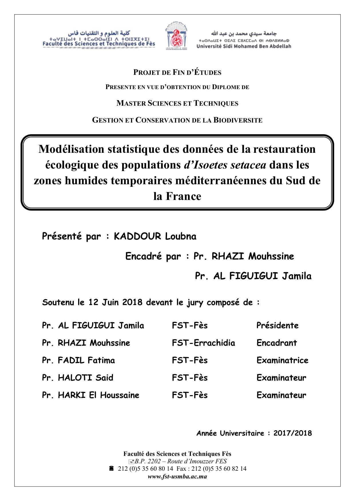 Modélisation statistique des données de la restauration écologique des populations d’Isoetes setacea dans les zones humides temporaires méditerranéennes du Sud de la France