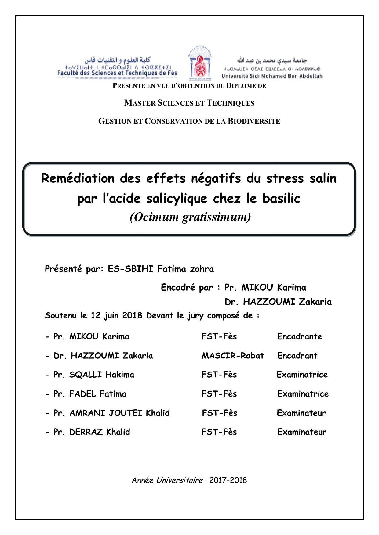 Remédiation des effets négatifs du stress salin par l’acide salicylique chez le basilic (Ocimum gratissimum)