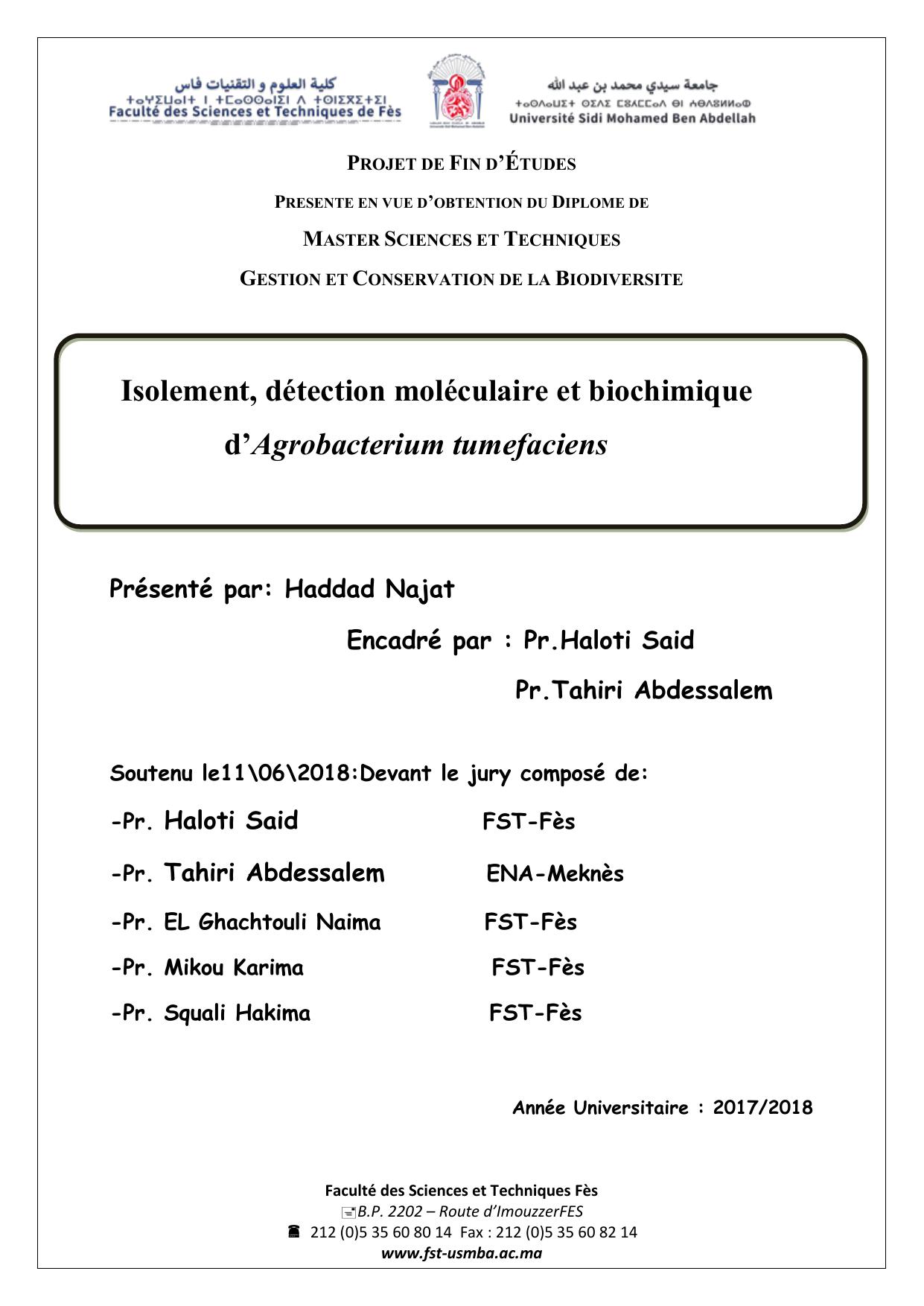 Isolement, détection moléculaire et biochimique d’Agrobacterium tumefaciens