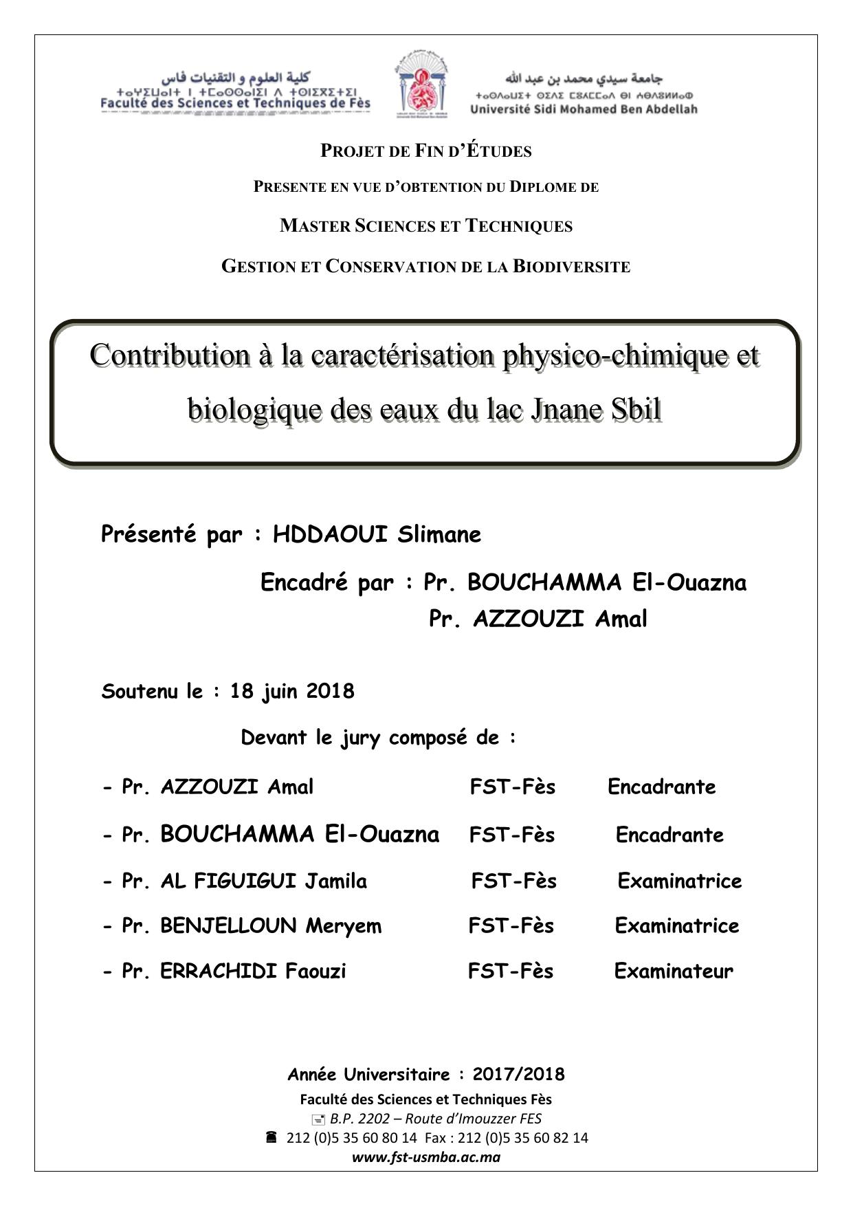 Contribution à la caractérisation physico-chimique et biologique des eaux du lac Jnane Sbil