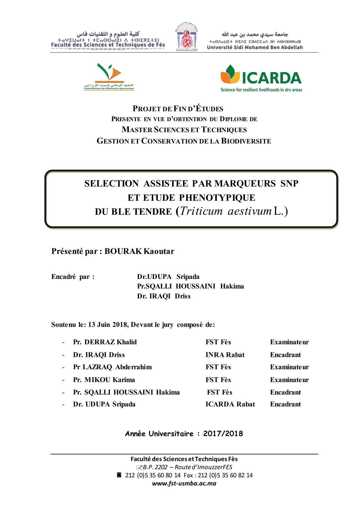 Sélection Assistée par les Marqueurs SNP et étude phénotypique du blé tendre