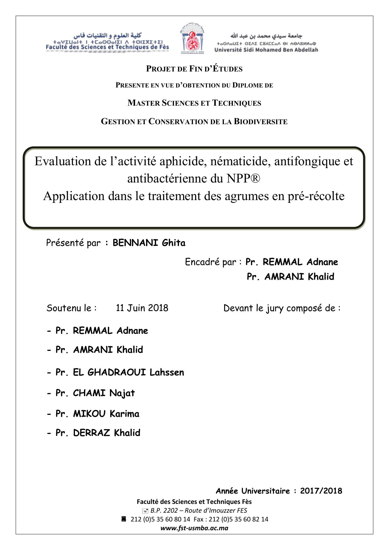 Evaluation de l’activité aphicide, nématicide, antifongique et antibactérienne du NPP® Application dans le traitement des agrumes en pré-récolte