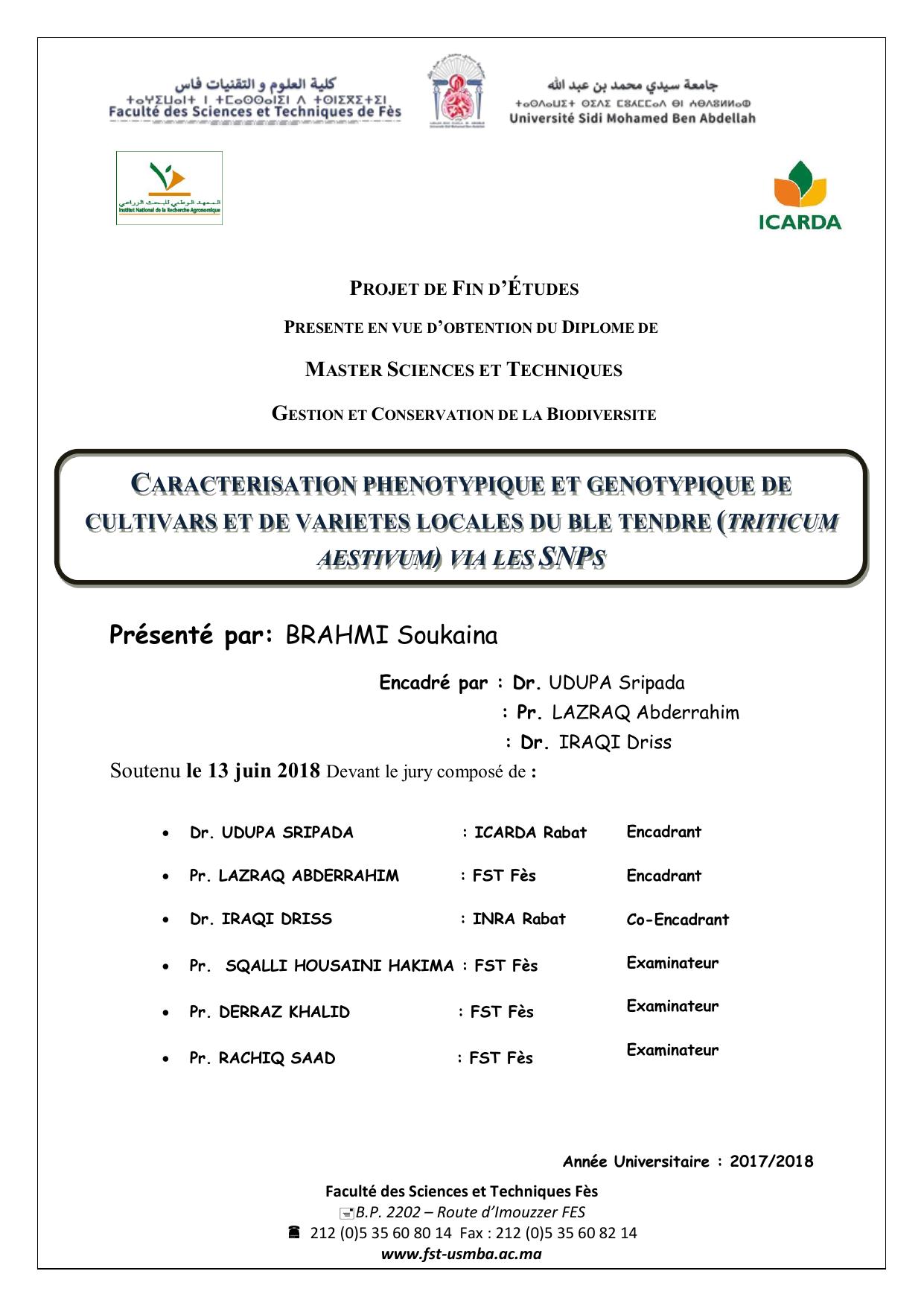 Caractérisation phénotypiques et génotypiques de cultivars et de variétés locales du blé tendre (triticum aestivum) via les SNPs