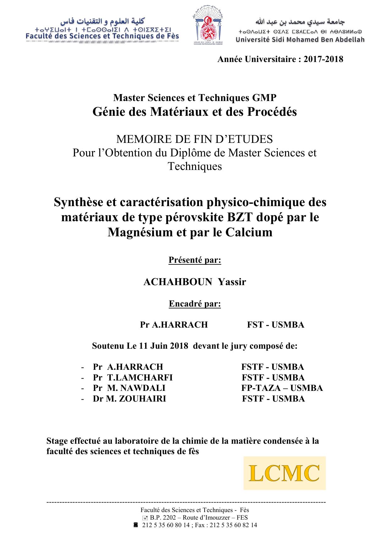 Synthèse et caractérisation physico-chimique des matériaux de type pérovskite BZT dopé par le Magnésium et par le Calcium