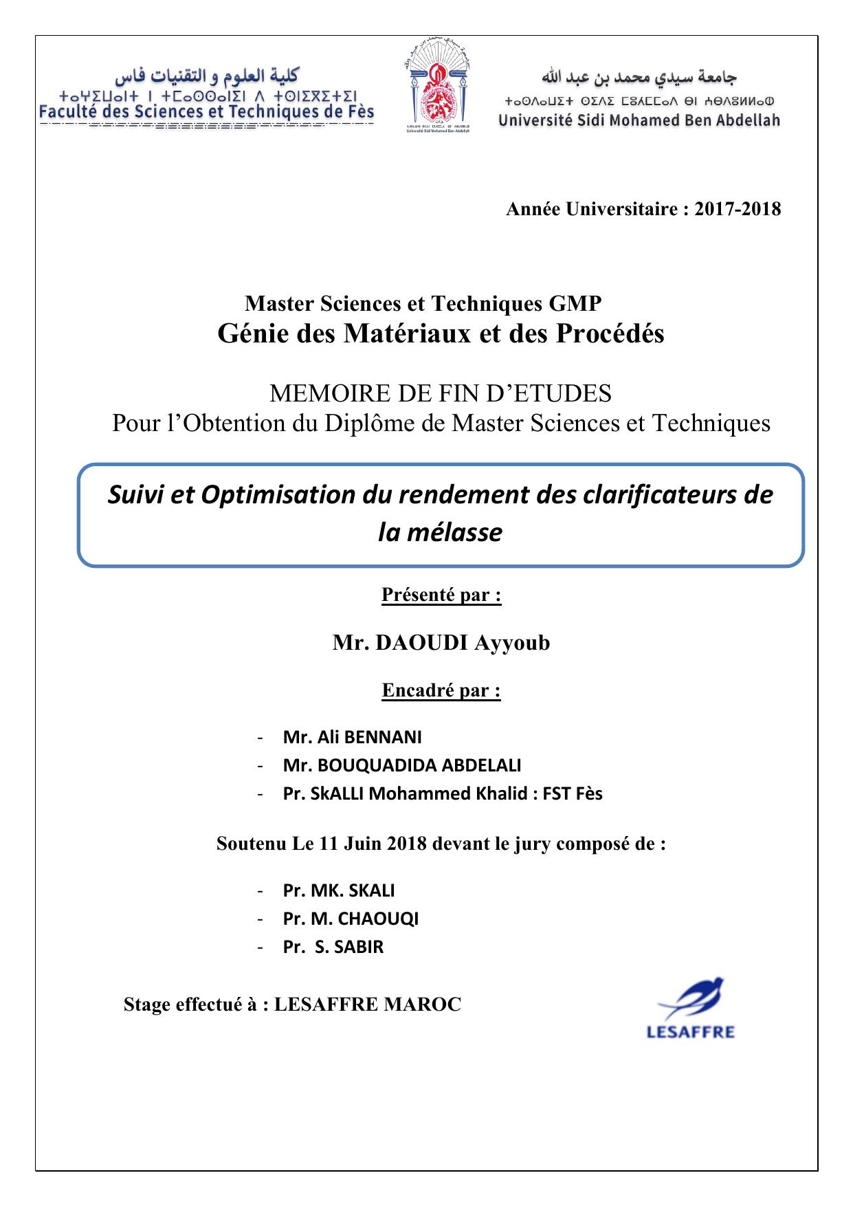 Suivi et Optimisation du rendement des clarificateurs de la mélasse