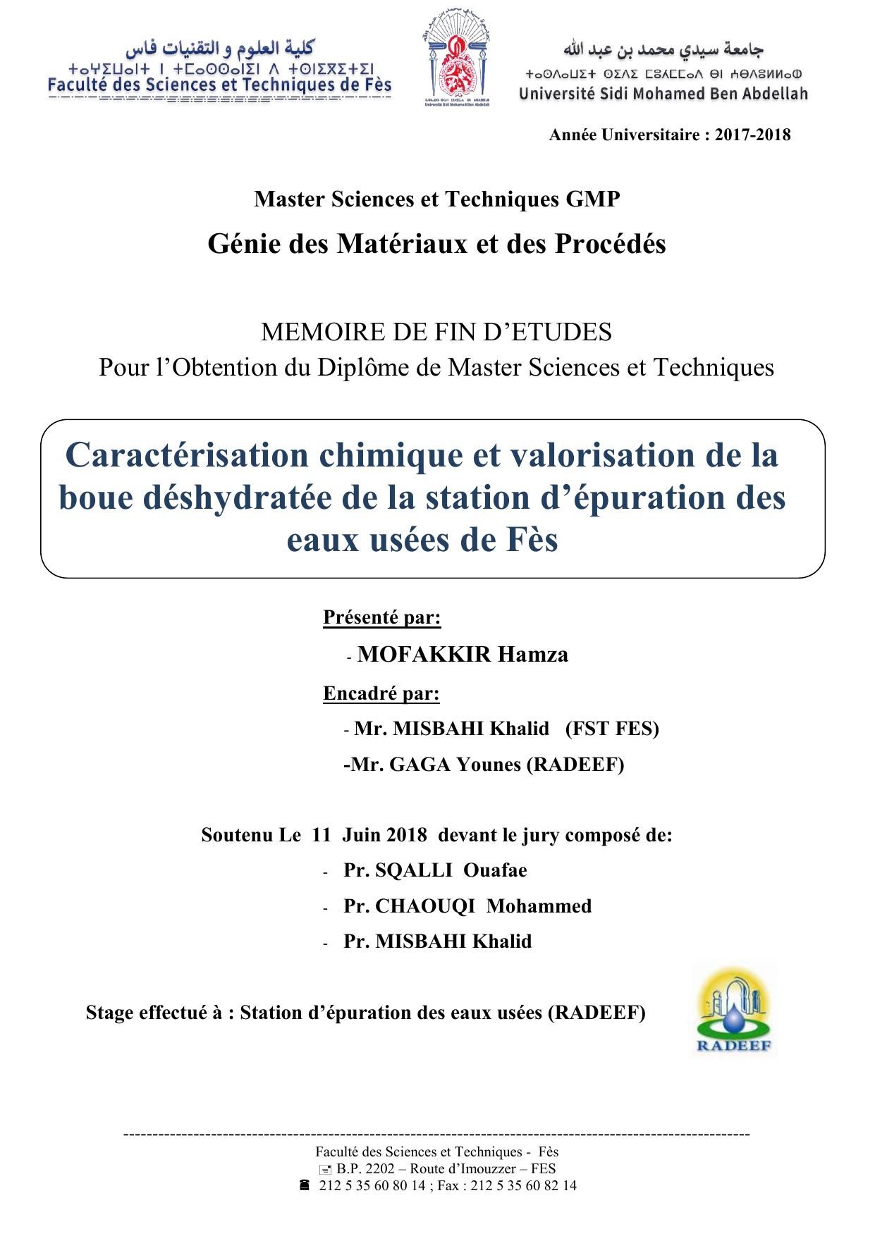 Caractérisation chimique et valorisation de la boue déshydratée de la station d’épuration des eaux usées de Fès