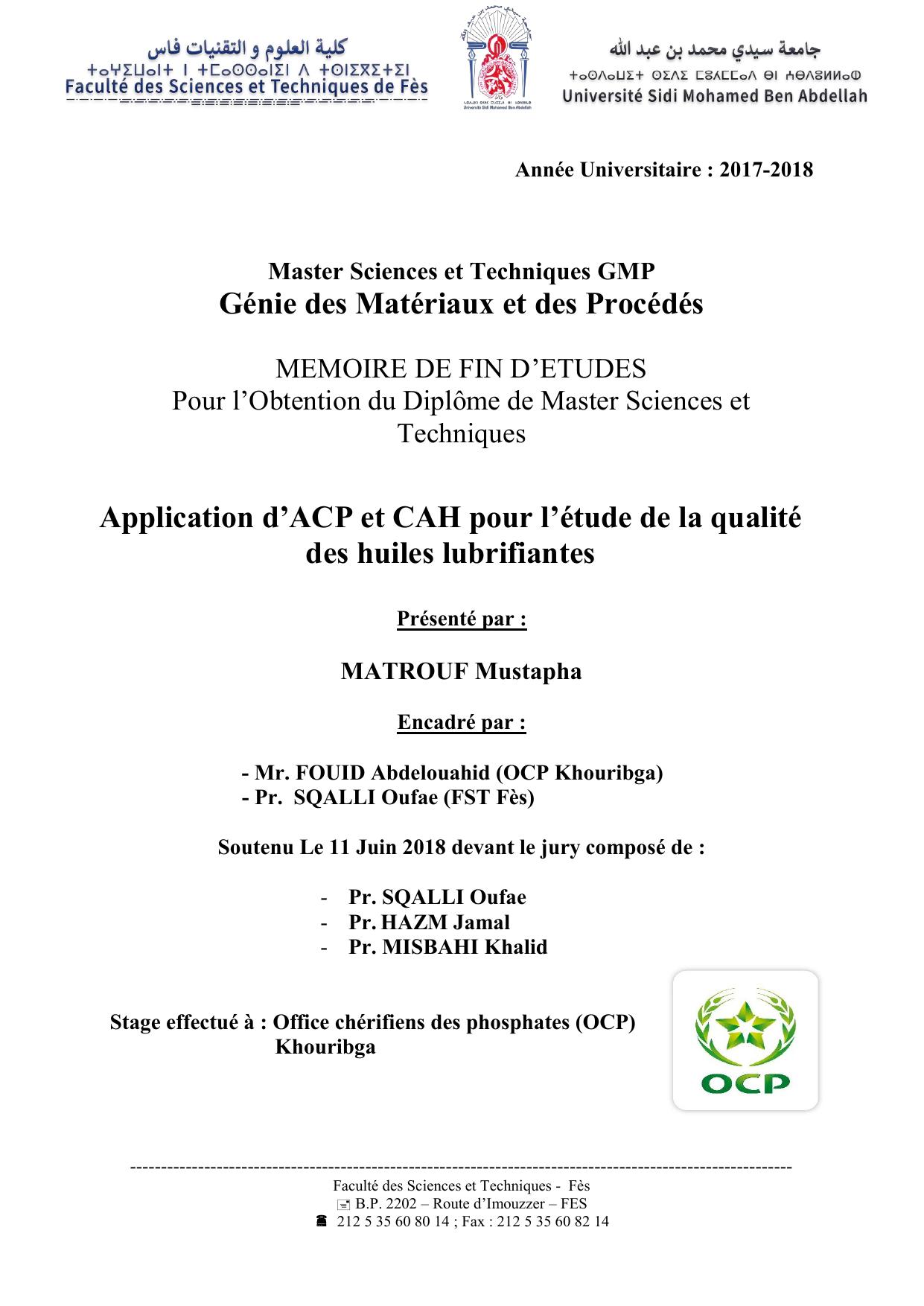 Application d’ACP et CAH pour l’étude de la qualité des huiles lubrifiantes