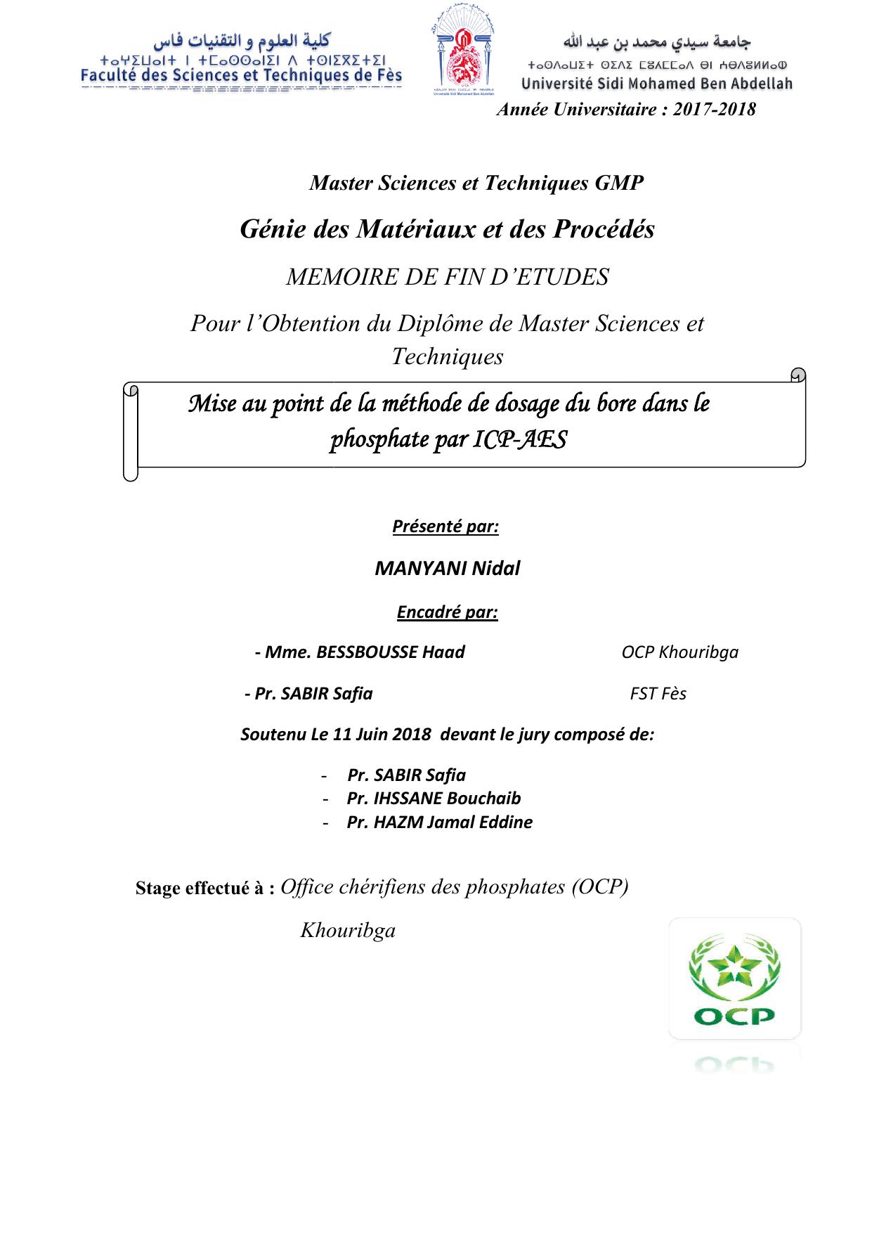 Mise au point de la méthode de dosage du bore dans le phosphate par ICP-AES