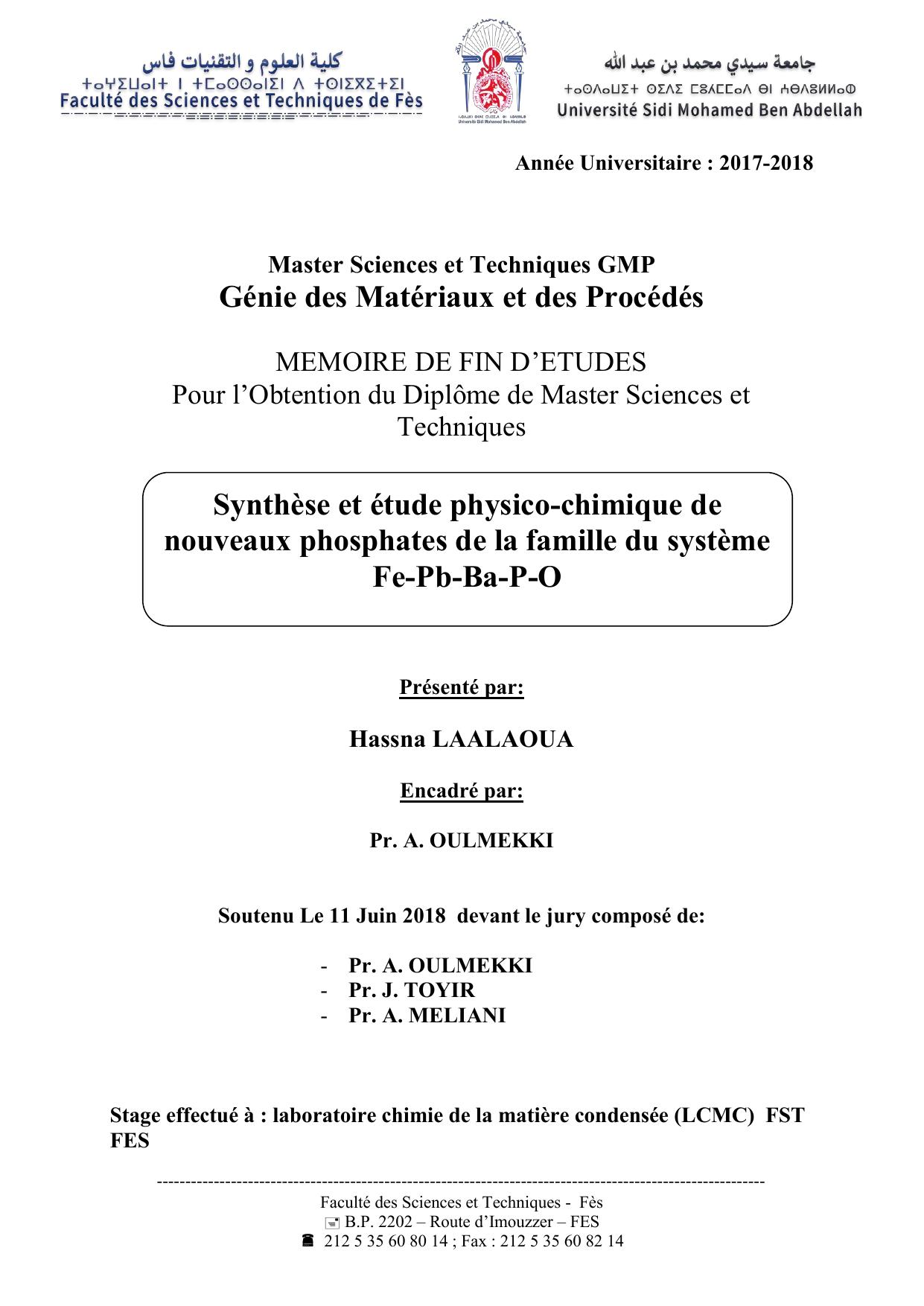 Synthèse et étude physico-chimique de nouveaux phosphates de la famille du système Fe-Pb-Ba-P-O