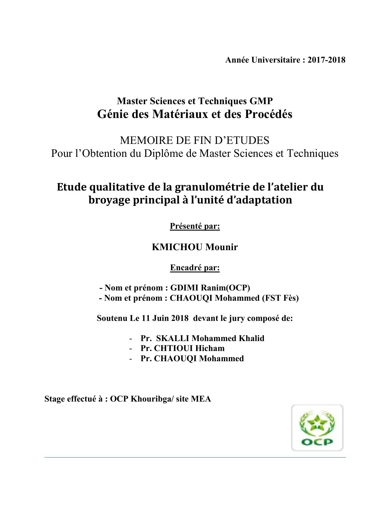 Etude qualitative de la granulométrie de l’atelier du broyage principal à l’unité d’adaptation