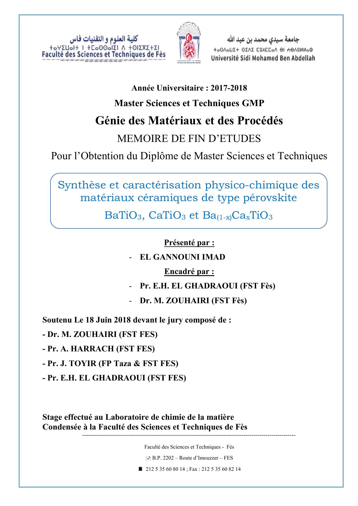 Synthèse et caractérisation physico-chimique des matériaux céramiques de type pérovskite BaTiO3, CaTiO3 et Ba(1-x)CaxTiO3