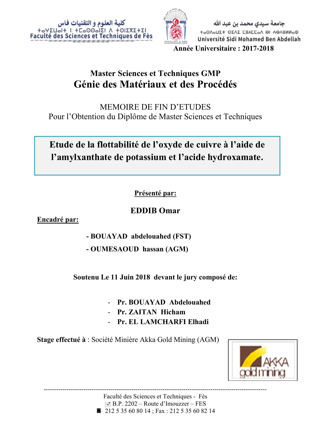 Etude de la flottabilité de l’oxyde de cuivre à l’aide de l’amylxanthate de potassium et l’acide hydroxamate