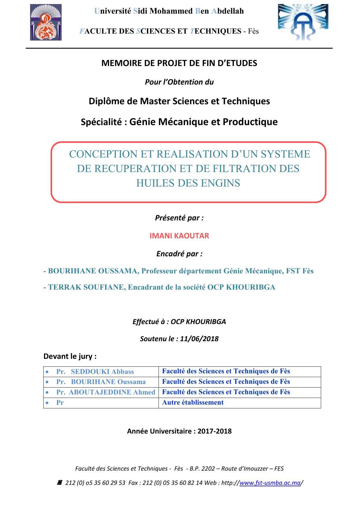 Conception d’un système de récupération et de filtration des huiles des engins