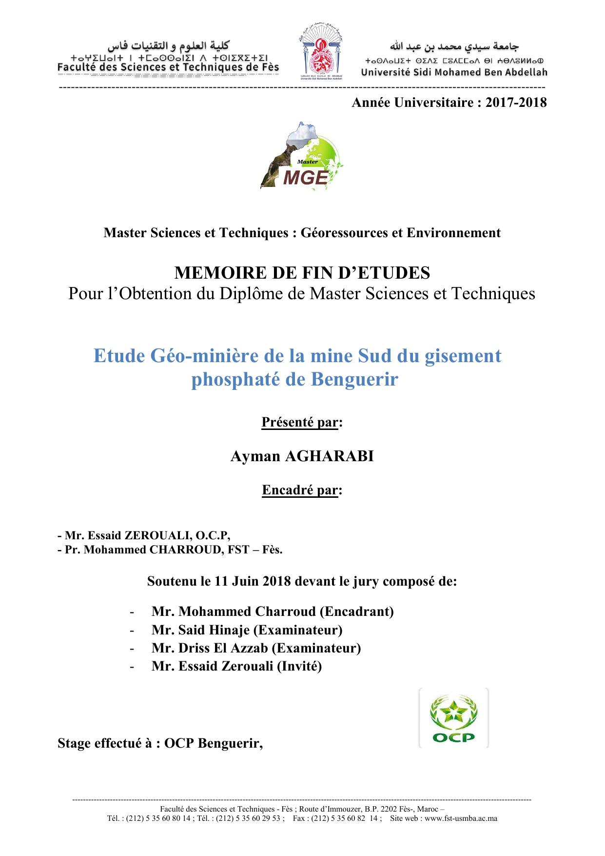 Etude Géo-minière de la mine Sud du gisement phosphaté de Benguerir