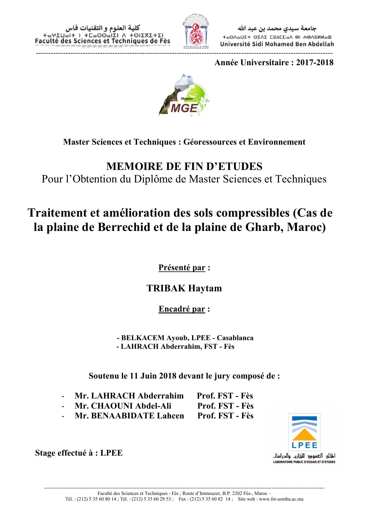 Traitement et amélioration des sols compressibles (Cas de la plaine de Berrechid et de la plaine de Gharb, Maroc)