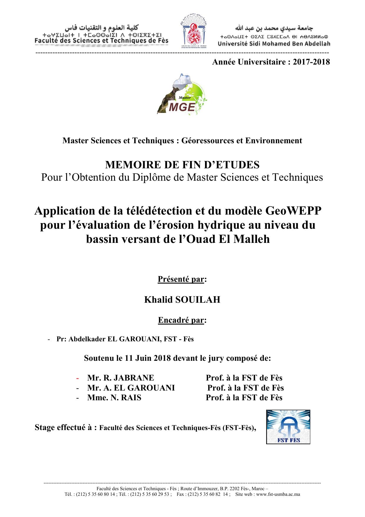 Application de la télédétection et du modèle GeoWEPP pour l’évaluation de l’érosion hydrique au niveau du bassin versant de l’Ouad El Malleh