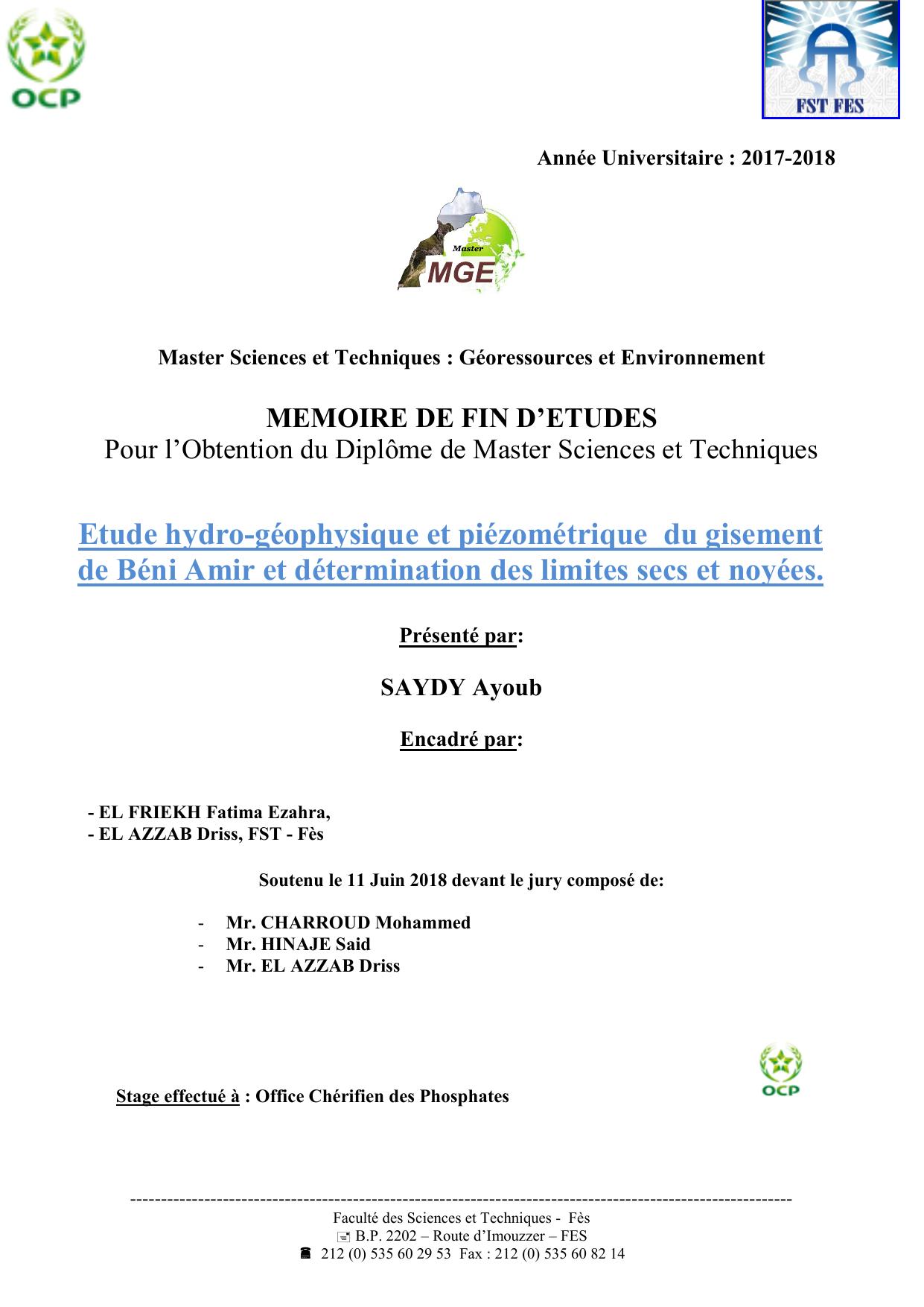 Etude hydro-géophysique et piézométrique du gisement de Béni Amir et détermination des limites secs et noyées