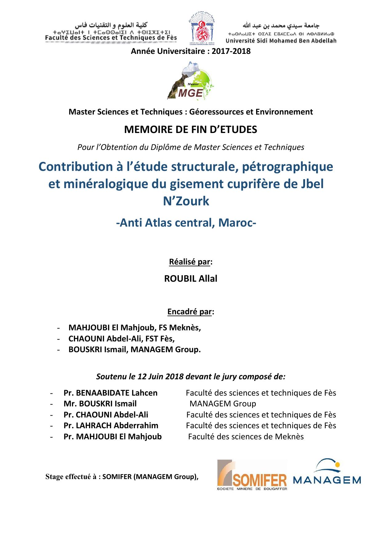 Contribution à l’étude structurale, pétrographique et minéralogique du gisement cuprifère de Jbel N’Zourk -Anti Atlas central, Maroc-