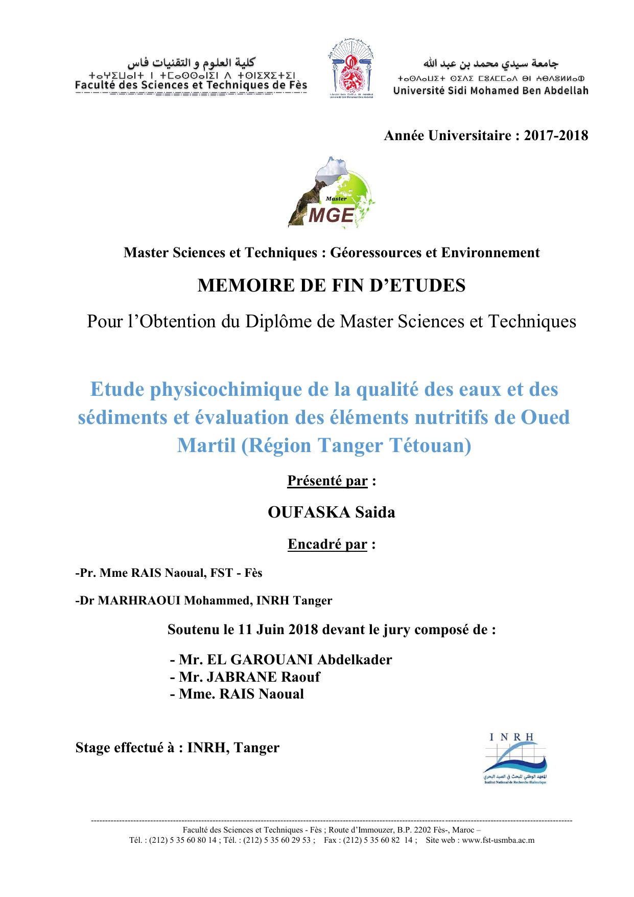 Etude physicochimique de la qualité des eaux et des sédiments et évaluation des éléments nutritifs de Oued Martil (Région Tanger Tétouan)