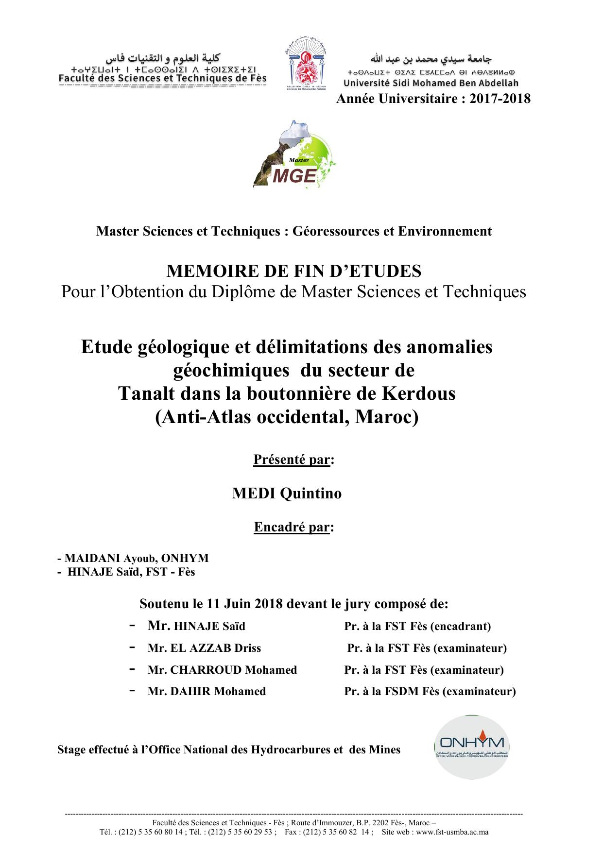 Etude géologique et délimitations des anomalies géochimiques du secteur de Tanalt dans la boutonnière de Kerdous (Anti-Atlas occidental, Maroc)