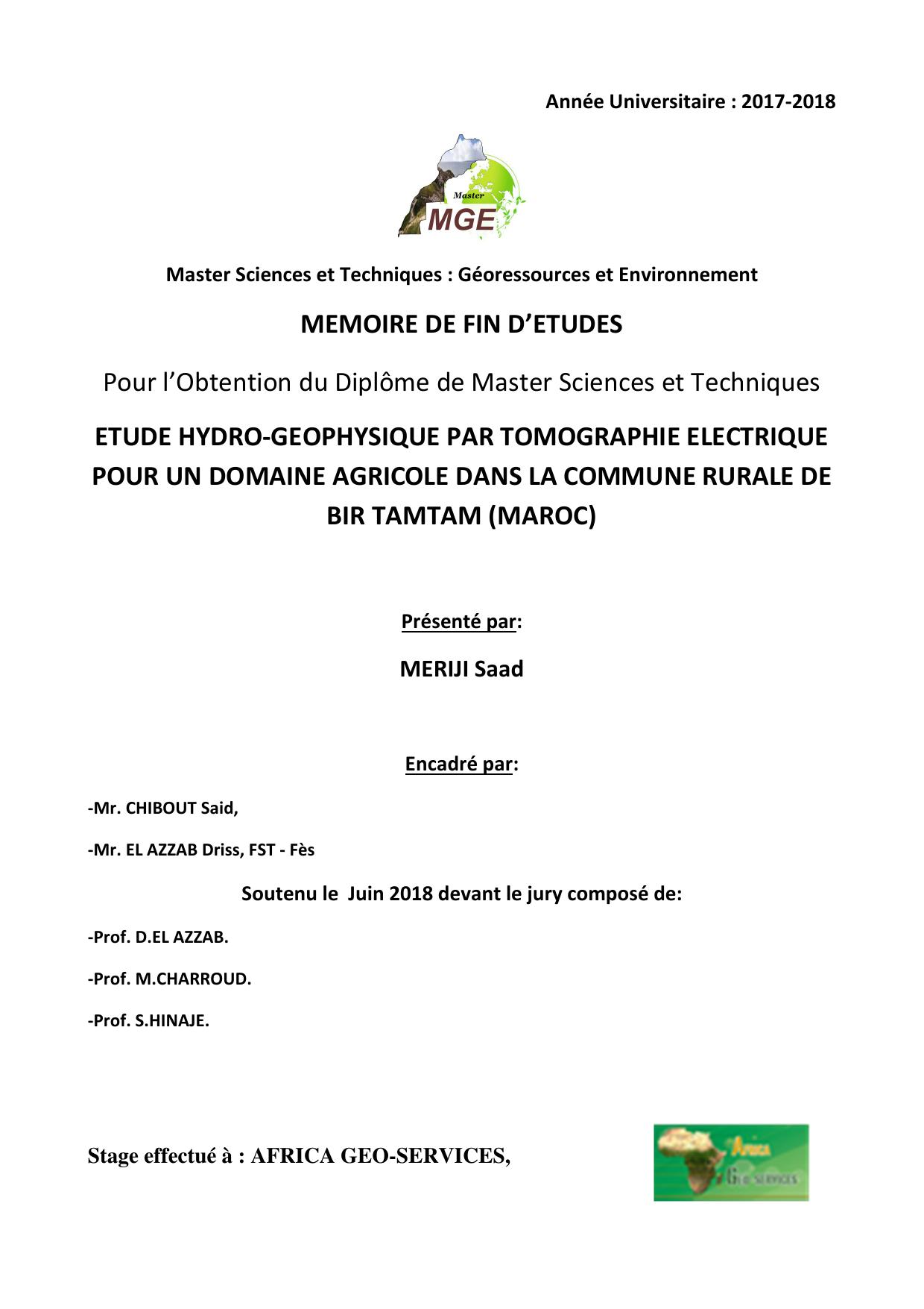 Etude Hydro-géophysique par tomographie électrique pour un domaine agricole dans la commune rurale de Bir Tamtam.