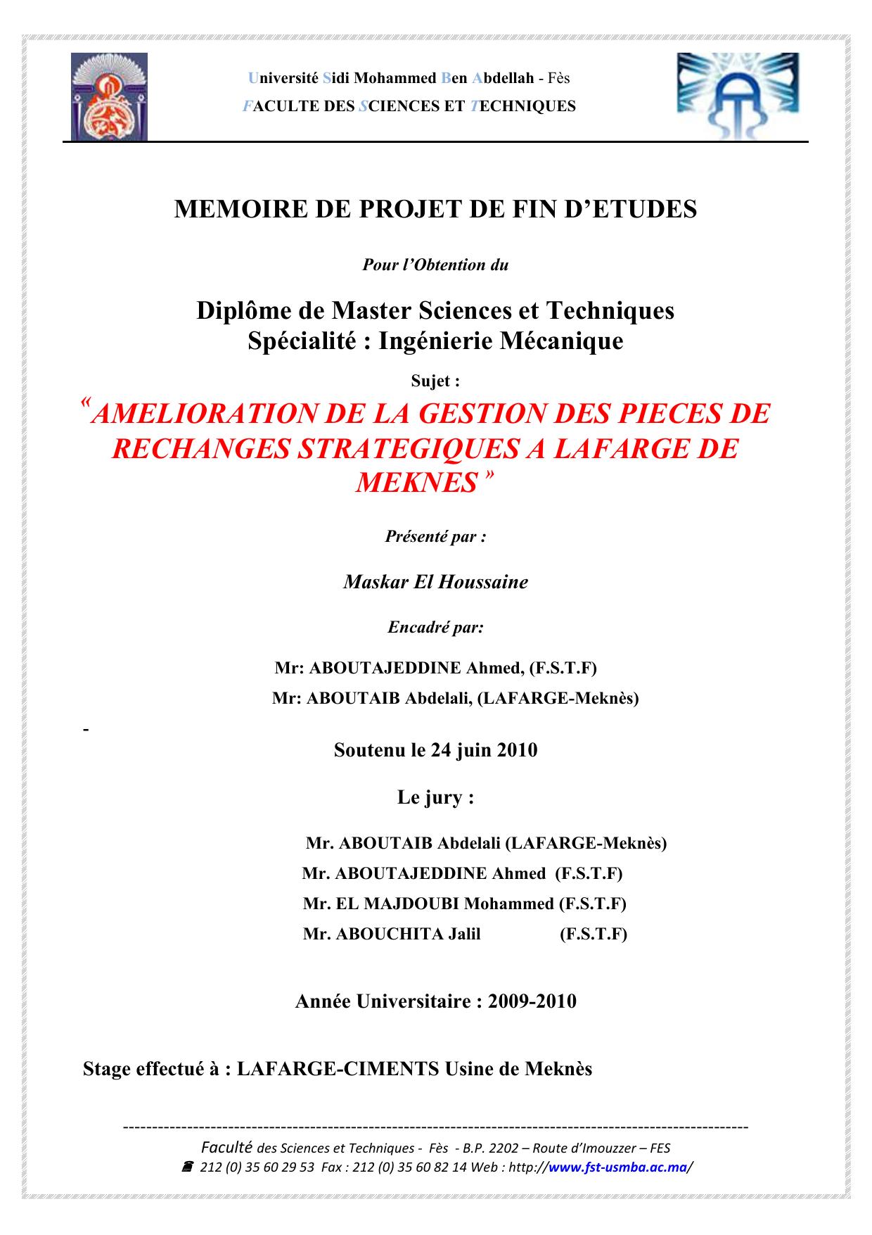 Amélioration de lma gestion des pièces de rechanges stratégiques à Lafarge de Meknès