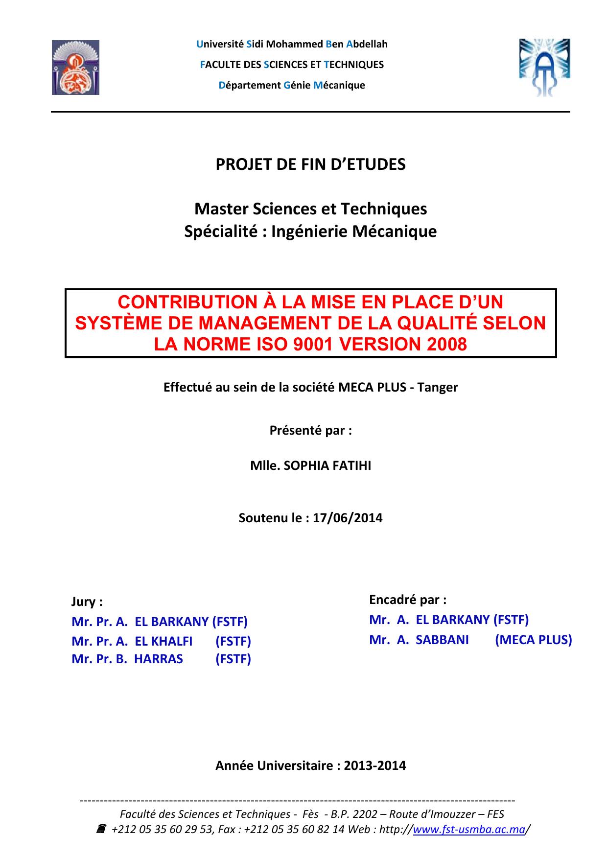 Contribution à la mise en place d'un système de management de la qualité selon la norme ISO9001 version 2008