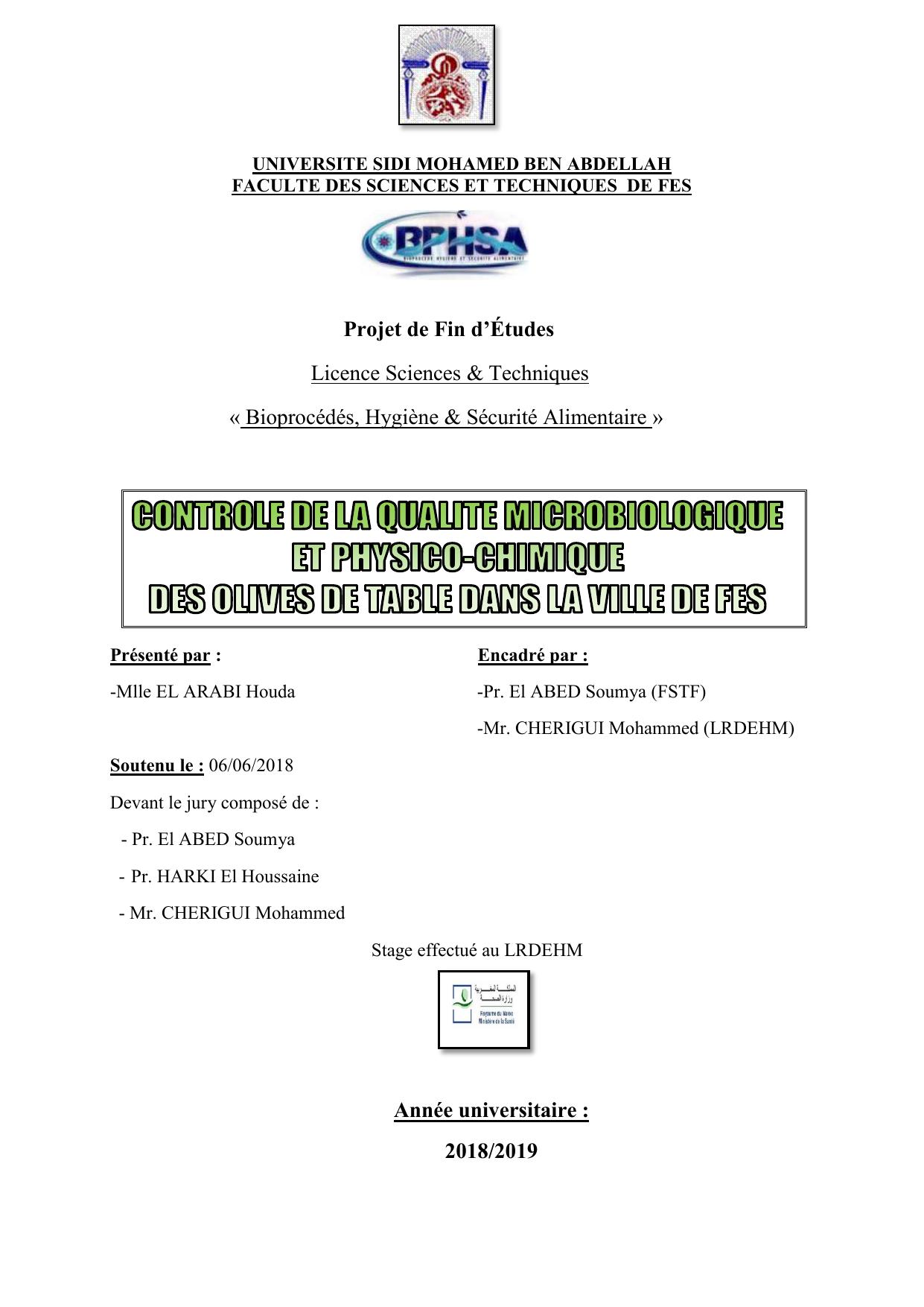 Contrôle de la qualité microbiologique et physico-chimique des olives de table dans la ville de Fès