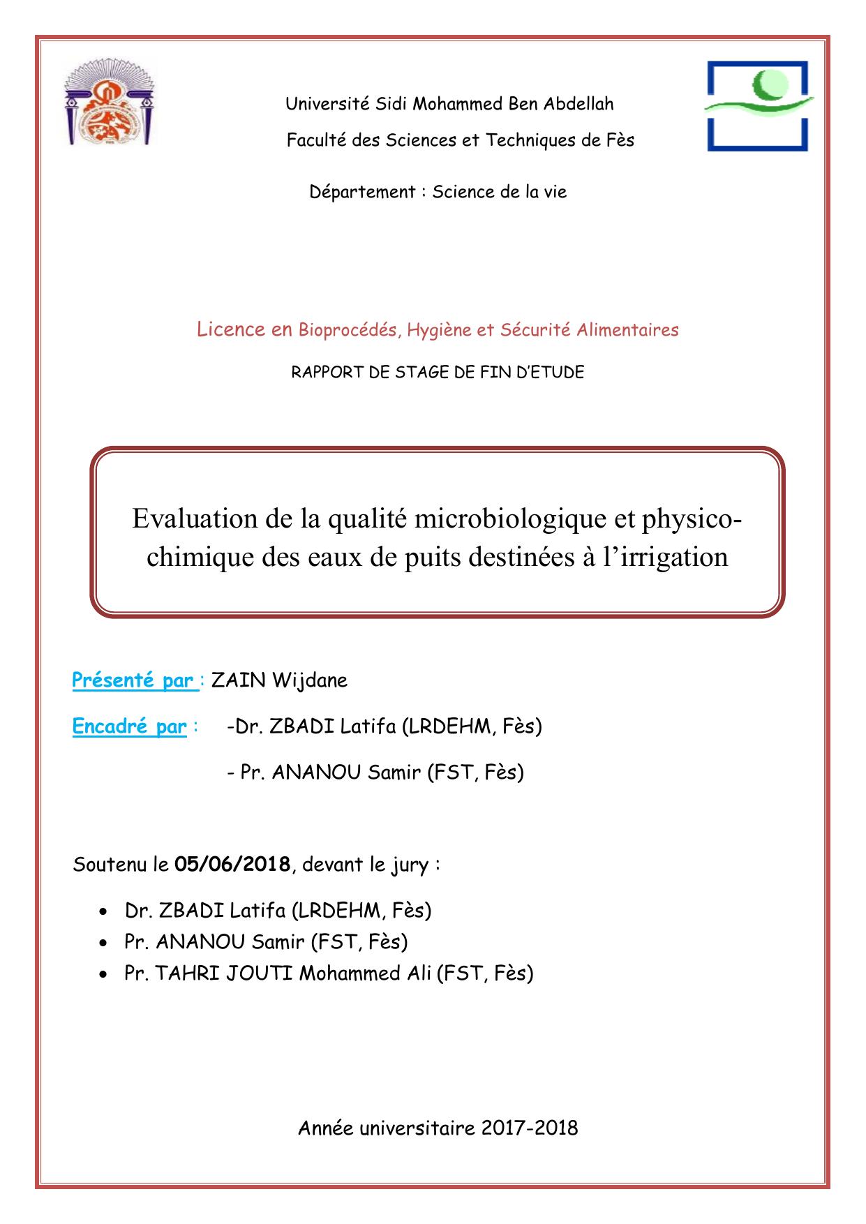 Evaluation de la qualité microbiologique et physicochimique des eaux de puits destinées à l’irrigation