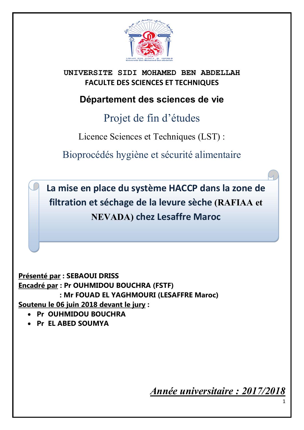 La mise en place du système HACCP dans la zone de filtration et séchage de la levure sèche (RAFIAA et NEVADA) chez Lesaffre Maroc