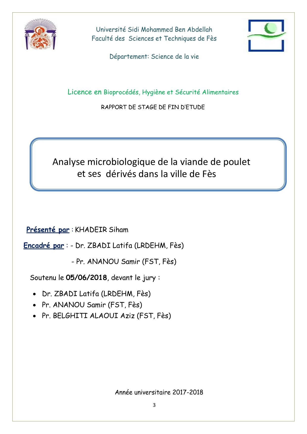 Analyse microbiologique de la viande de poulet et ses dérivés dans la ville de Fès