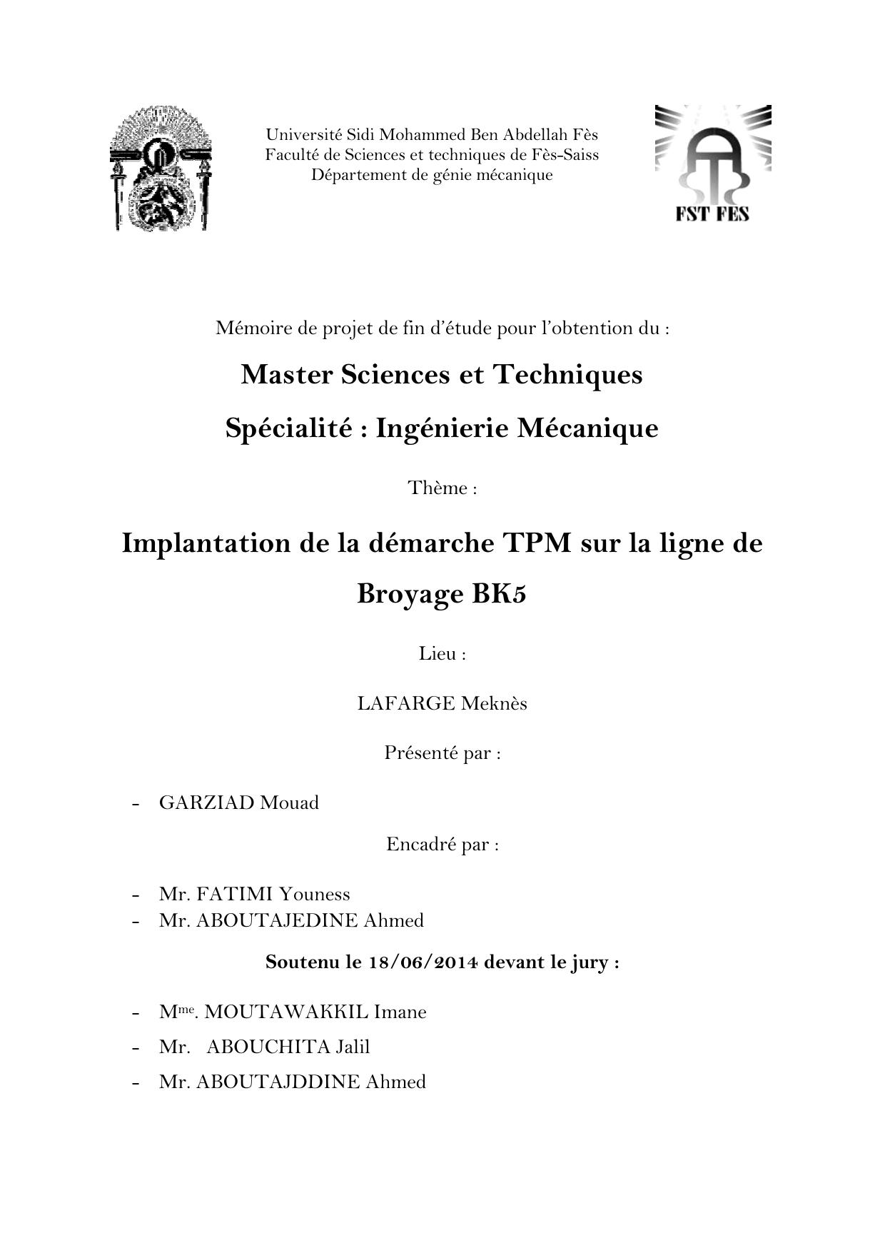 Implantation de la démarche TPM sur la ligne de Broyage BK5